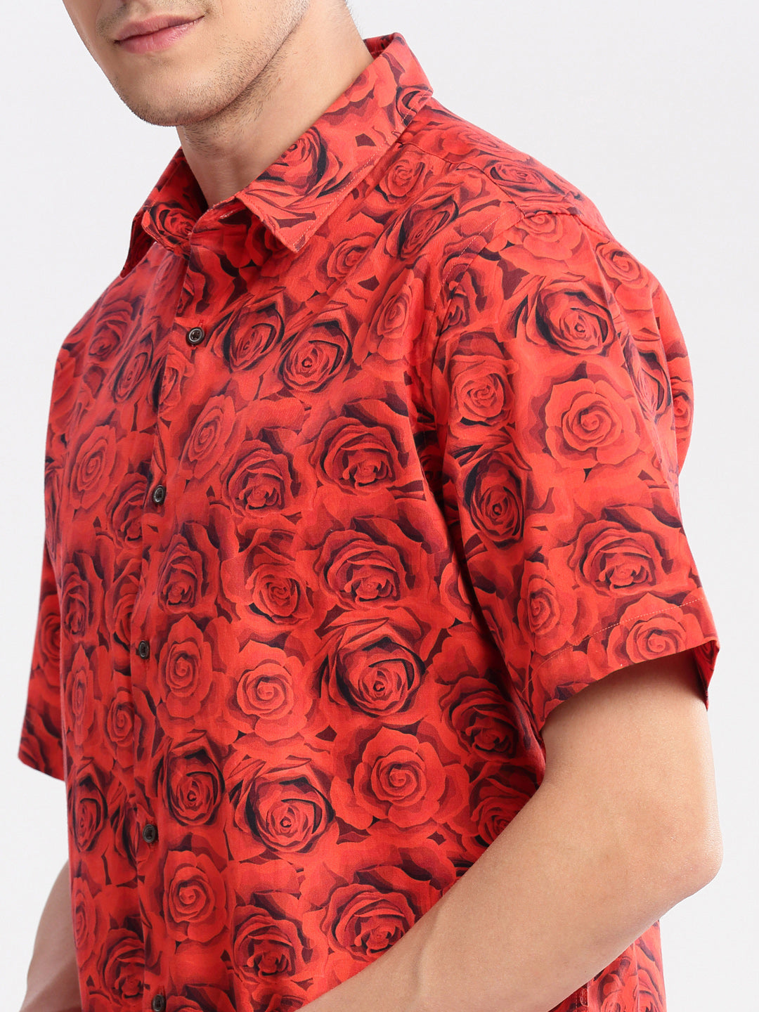 Men Spread Collar Floral Red Casual Shirt