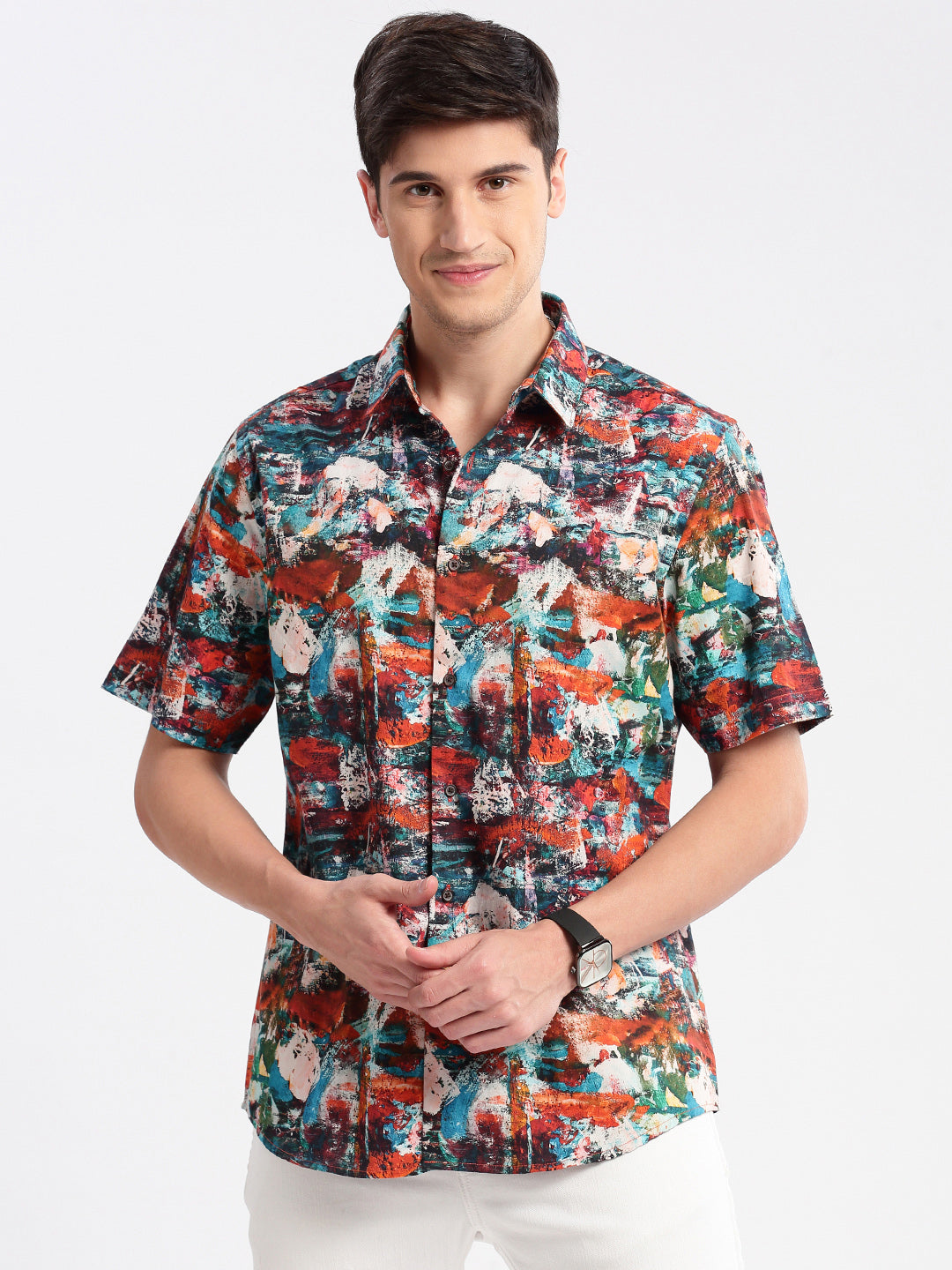 Men's Rust Smart Slim Fit Abstract Printed Twill Weave Cotton Casual Shirt