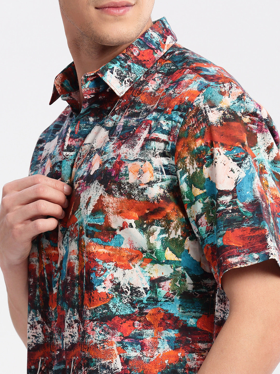 Men's Rust Smart Slim Fit Abstract Printed Twill Weave Cotton Casual Shirt