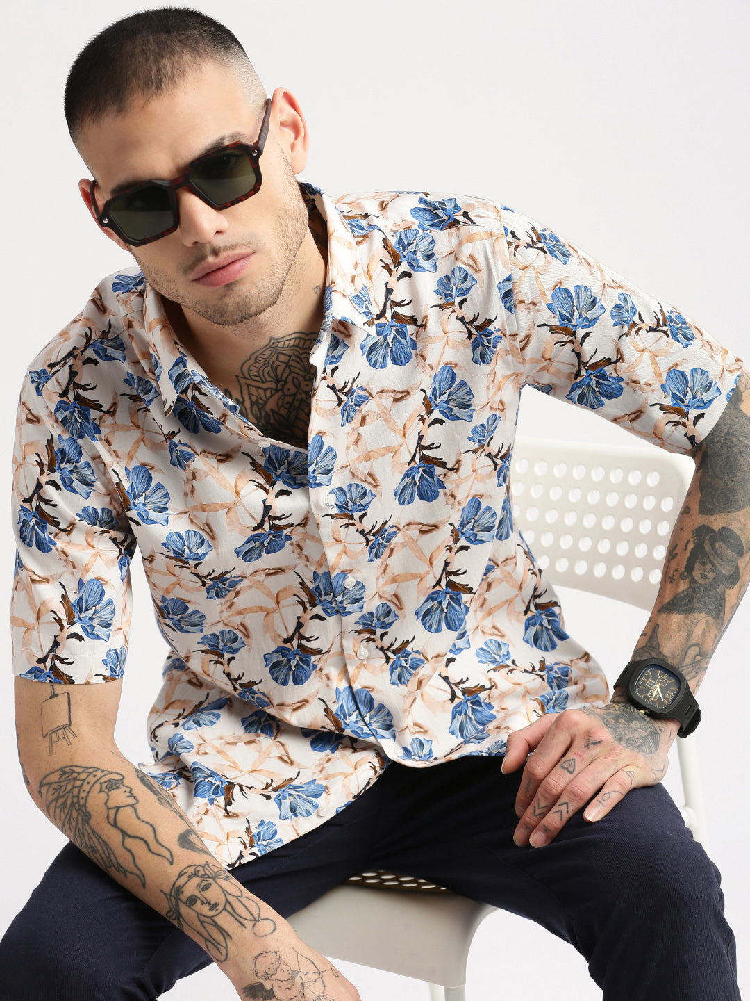 Men's Peach Smart Slim Fit Floral Printed Cotton Casual Shirt