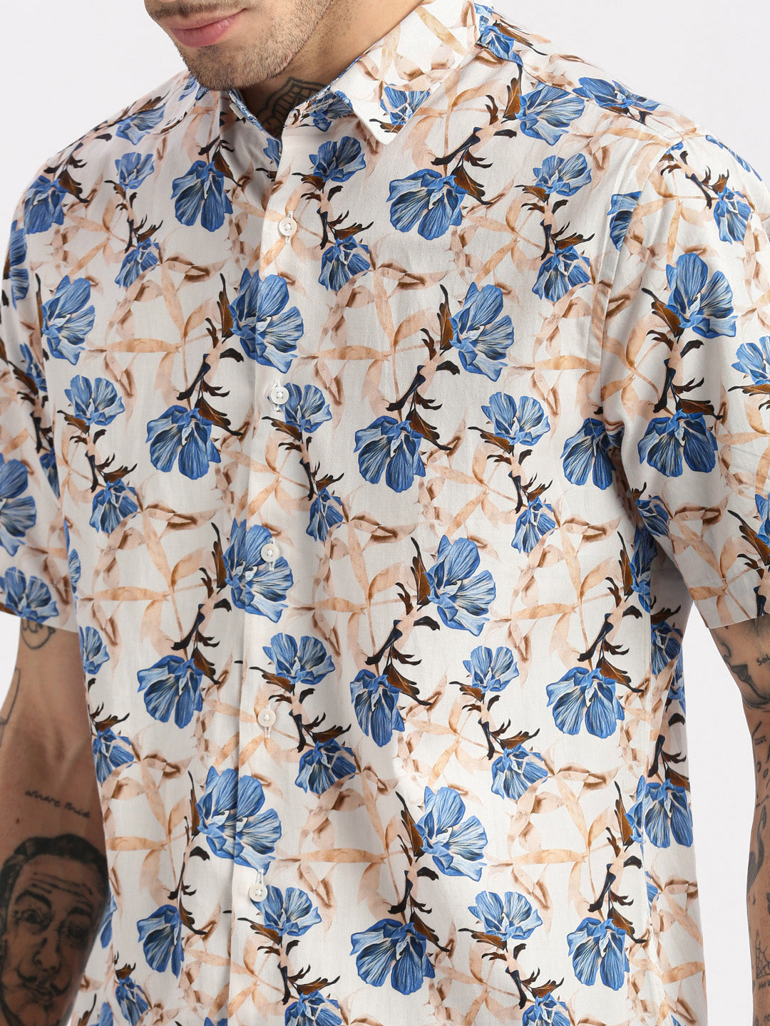 Men's Peach Smart Slim Fit Floral Printed Cotton Casual Shirt