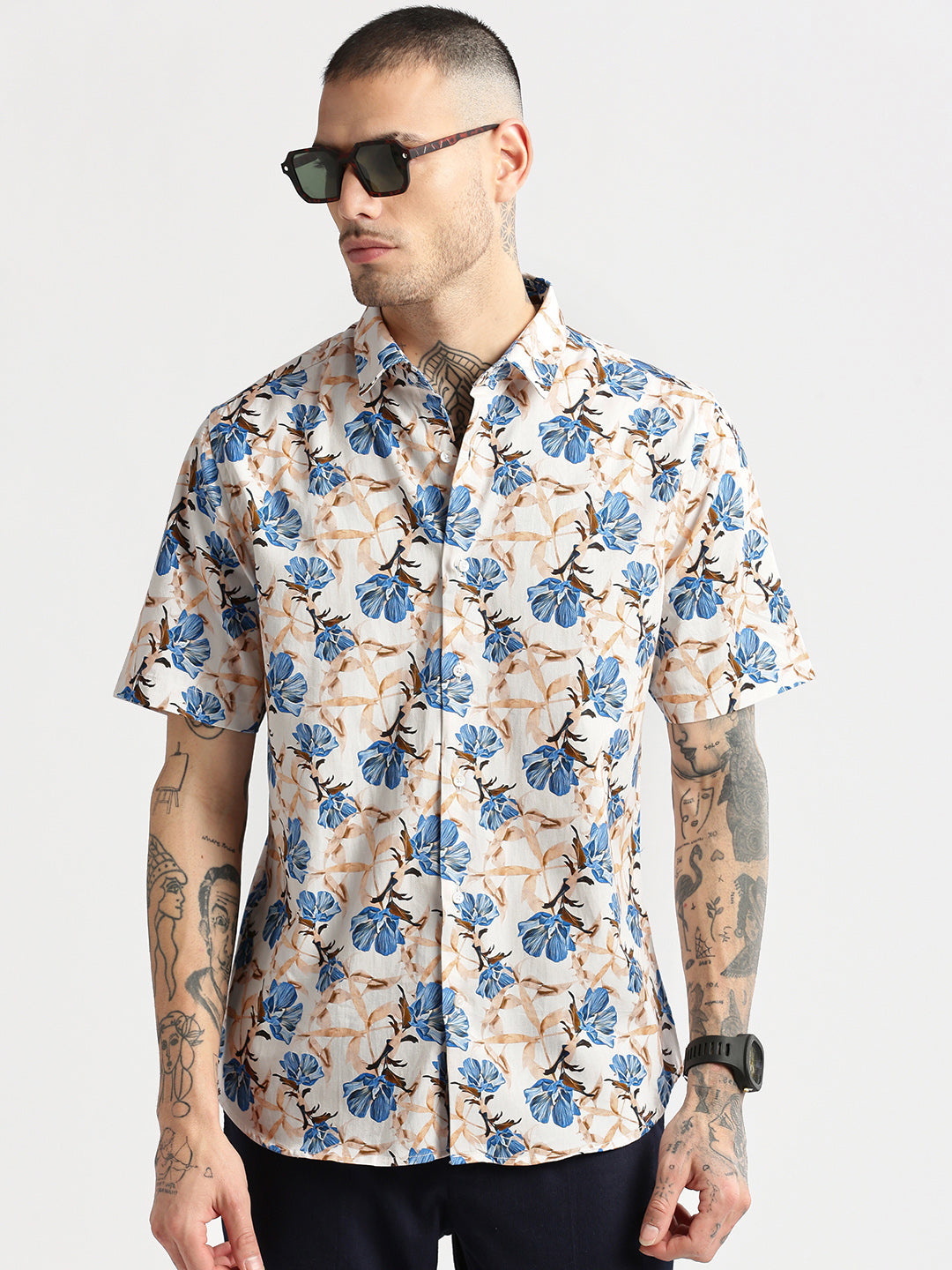 Men's Peach Smart Slim Fit Floral Printed Cotton Casual Shirt