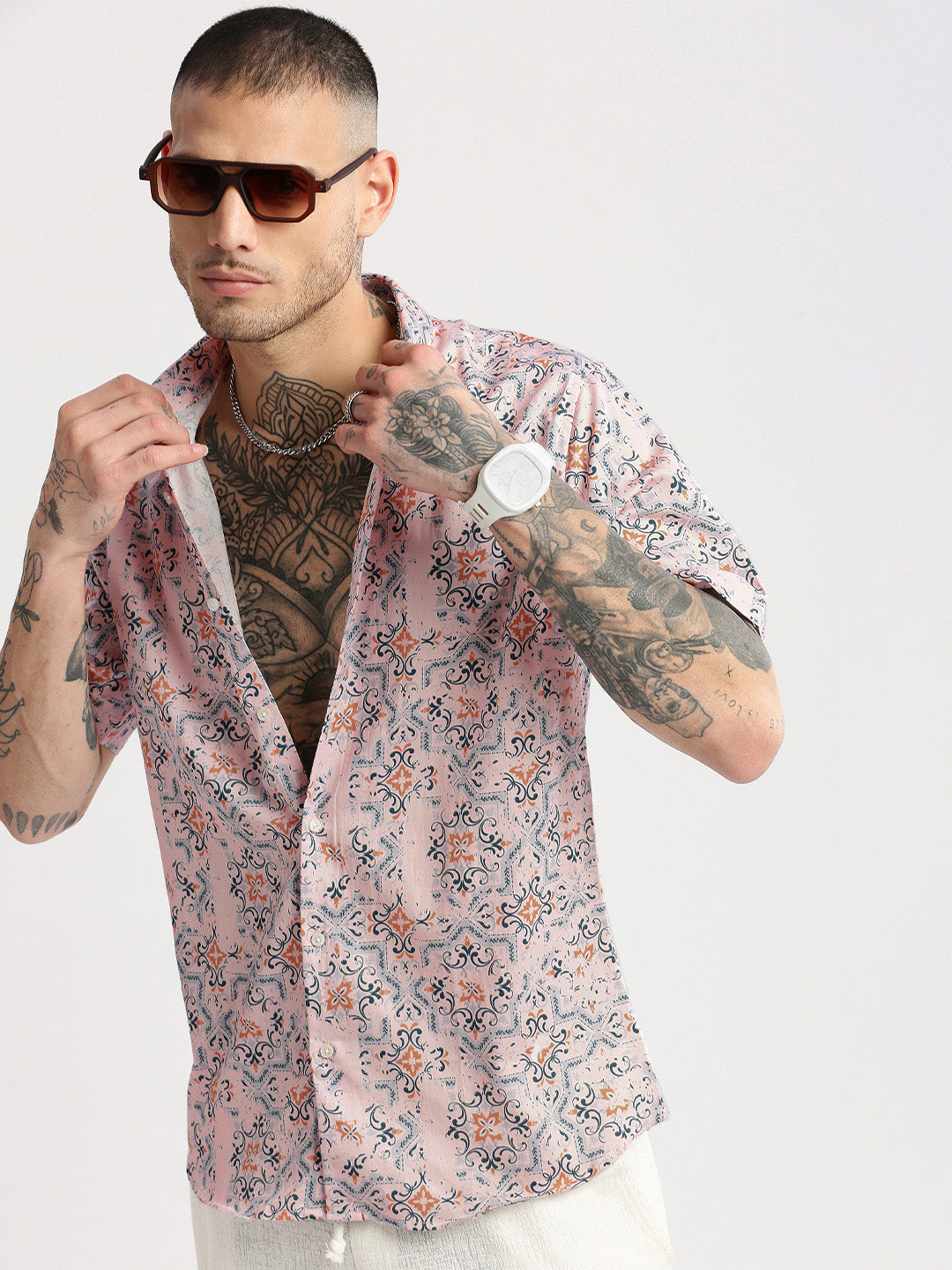 Men's Pink Smart Slim Fit Floral Printed Cotton Casual Shirt