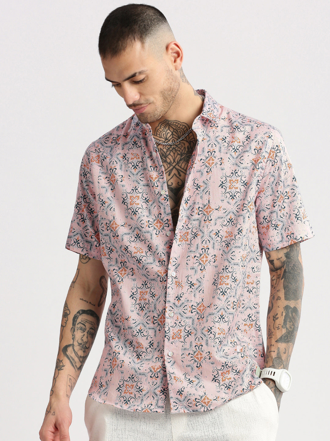 Men's Pink Smart Slim Fit Floral Printed Cotton Casual Shirt