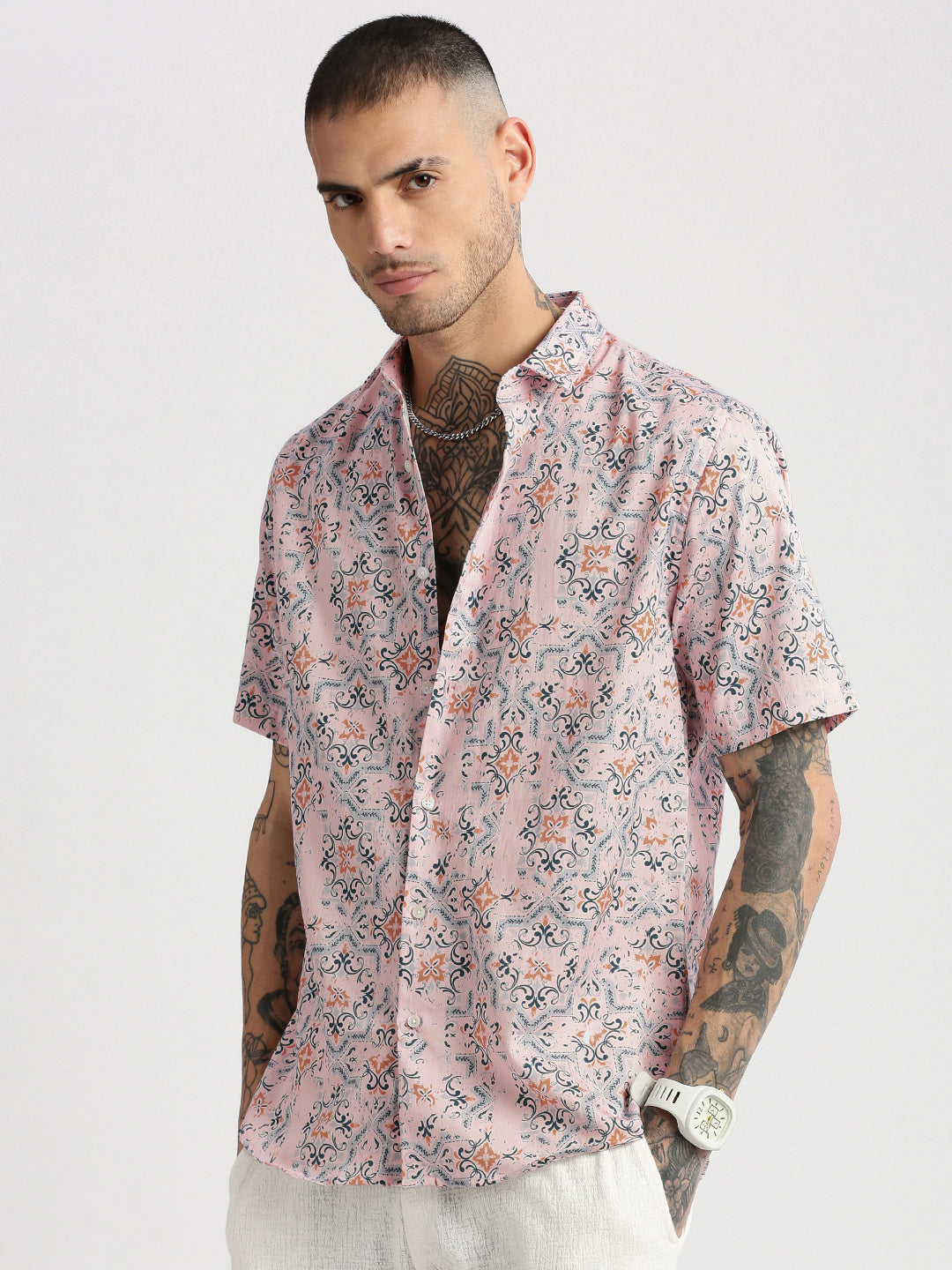Men's Pink Smart Slim Fit Floral Printed Cotton Casual Shirt