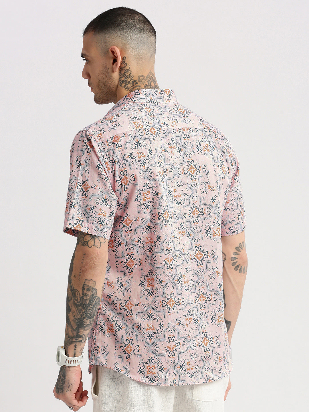 Men's Pink Smart Slim Fit Floral Printed Cotton Casual Shirt