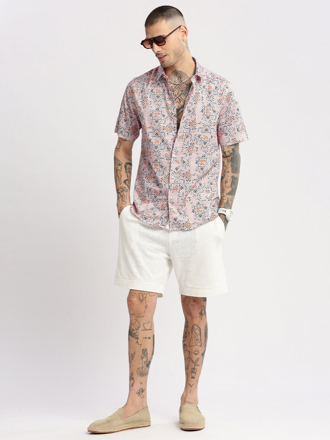 Men's Pink Smart Slim Fit Floral Printed Cotton Casual Shirt