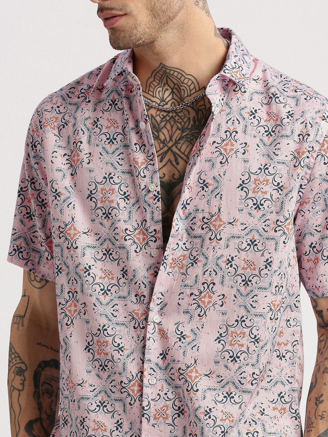 Men's Pink Smart Slim Fit Floral Printed Cotton Casual Shirt