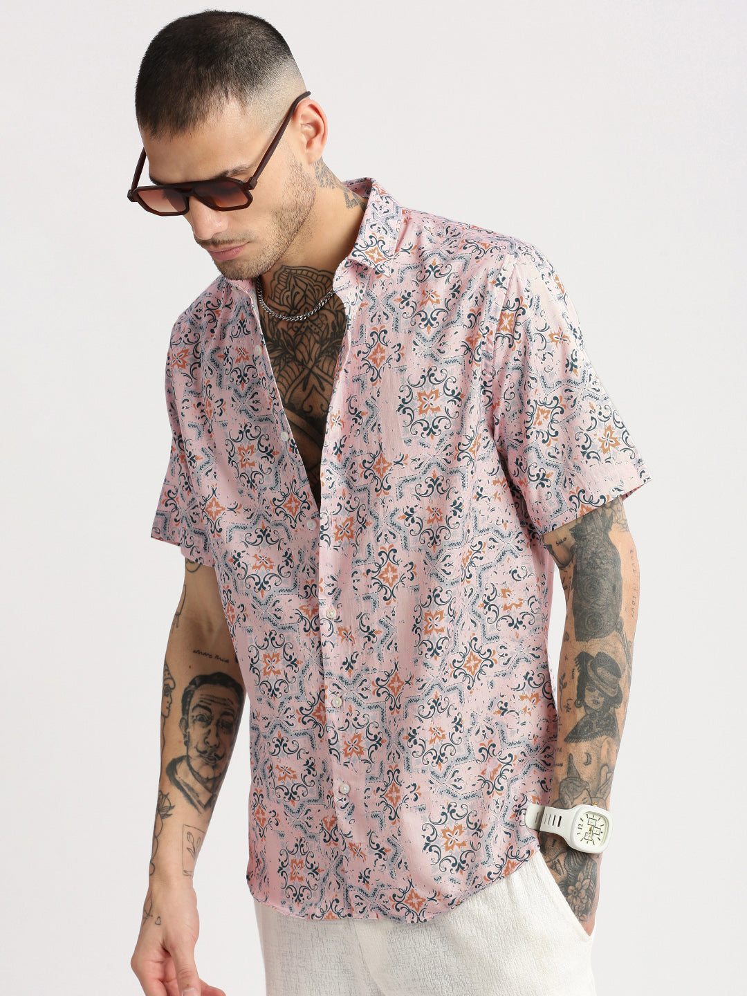 Men's Pink Smart Slim Fit Floral Printed Cotton Casual Shirt