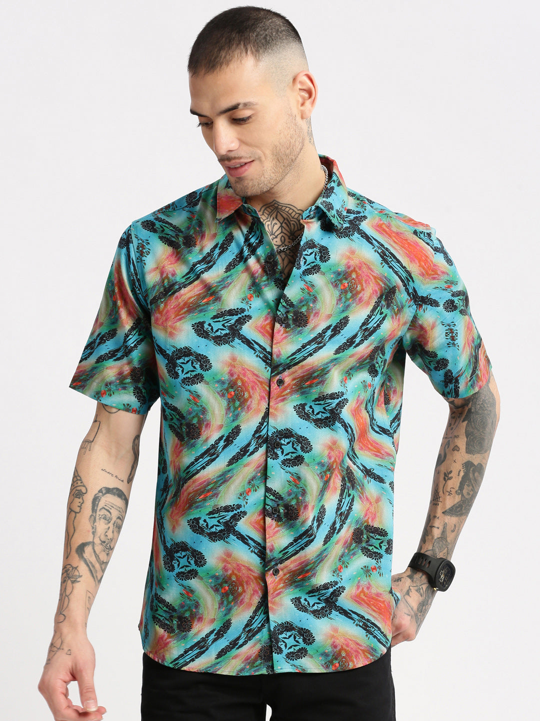 Men's Turquoise Blue Smart Slim Fit Floral Printed Twill Cotton Casual Shirt