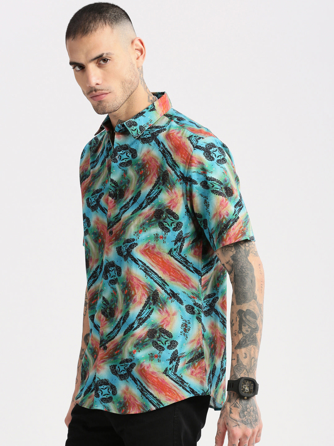 Men's Turquoise Blue Smart Slim Fit Floral Printed Twill Cotton Casual Shirt