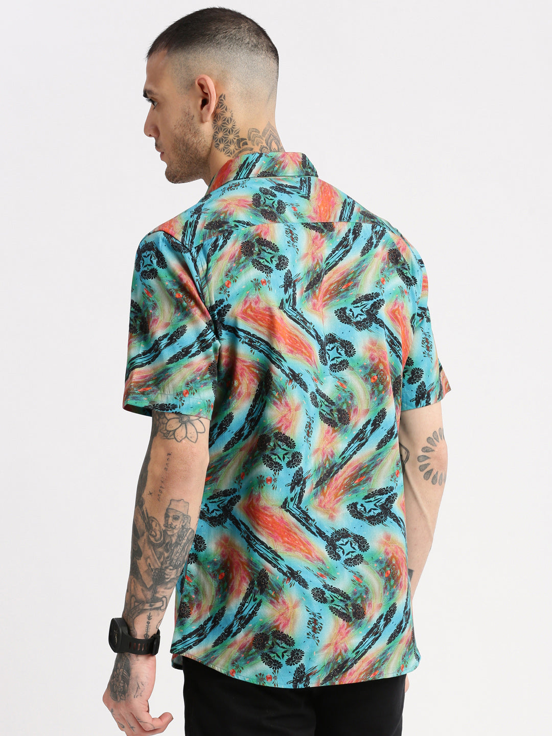 Men's Turquoise Blue Smart Slim Fit Floral Printed Twill Cotton Casual Shirt