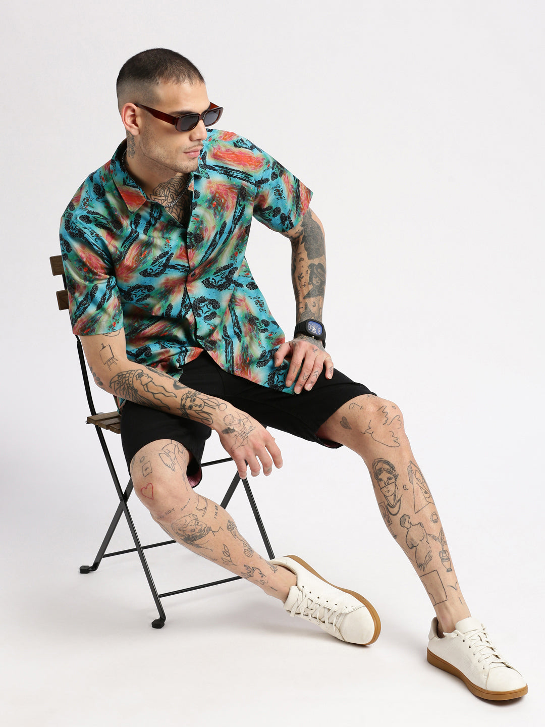 Men's Turquoise Blue Smart Slim Fit Floral Printed Twill Cotton Casual Shirt