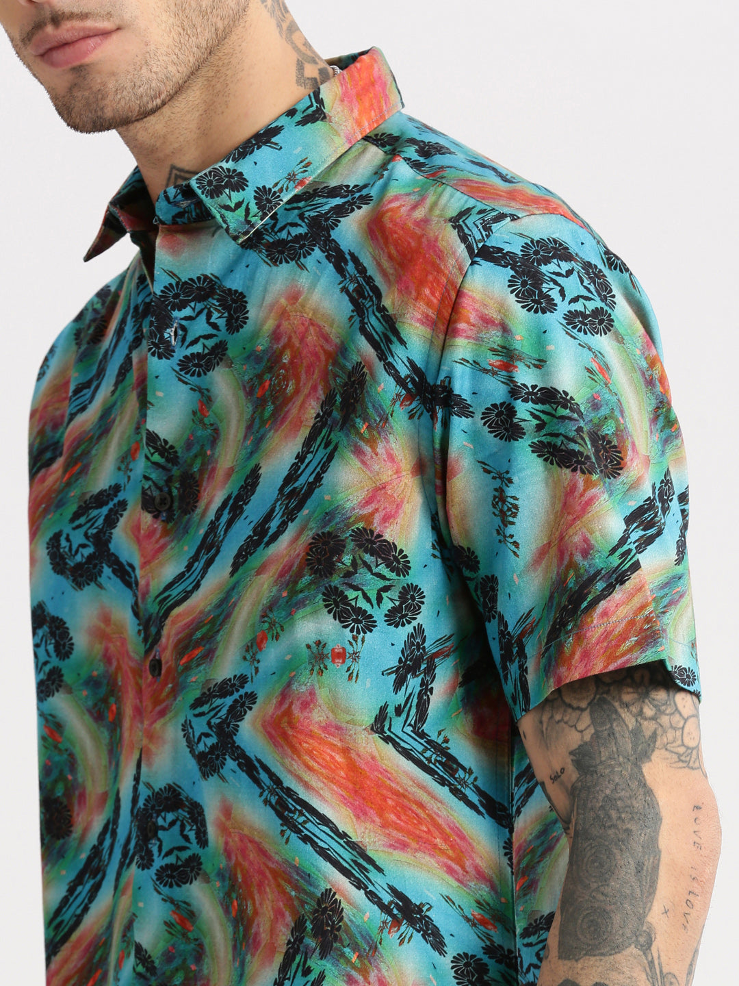 Men's Turquoise Blue Smart Slim Fit Floral Printed Twill Cotton Casual Shirt