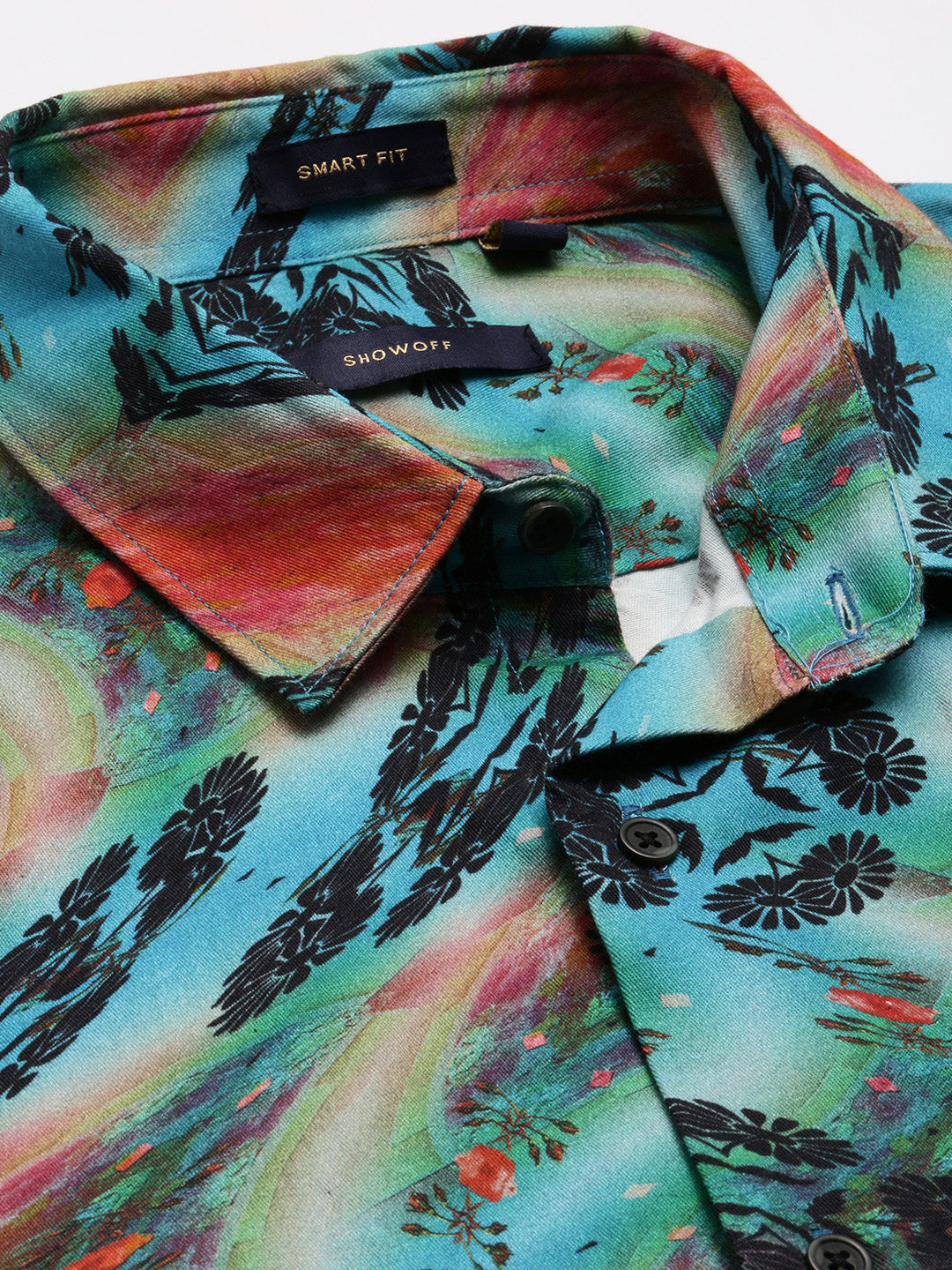 Men's Turquoise Blue Smart Slim Fit Floral Printed Twill Cotton Casual Shirt