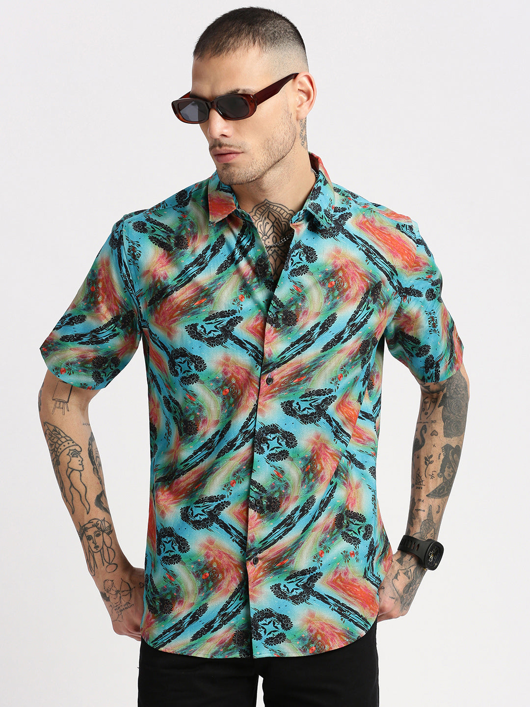 Men's Turquoise Blue Smart Slim Fit Floral Printed Twill Cotton Casual Shirt