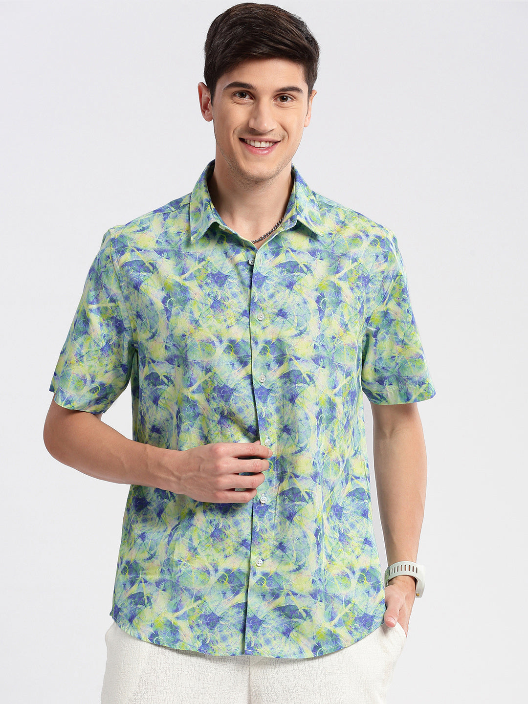 Men's Green Smart Slim Fit Abstract Printed Twill Weave Cotton Casual Shirt