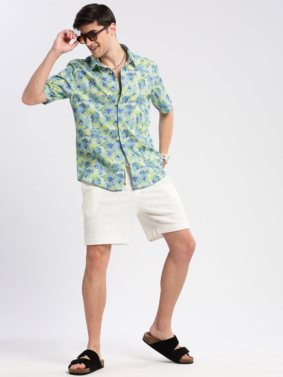 Men's Green Smart Slim Fit Abstract Printed Twill Weave Cotton Casual Shirt