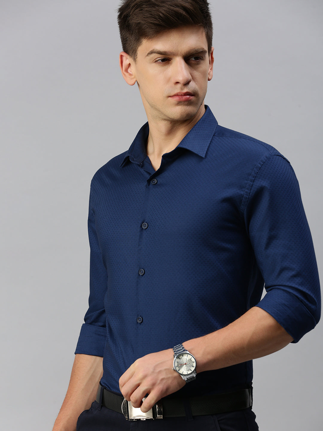 Men Navy Solid Formal Shirt