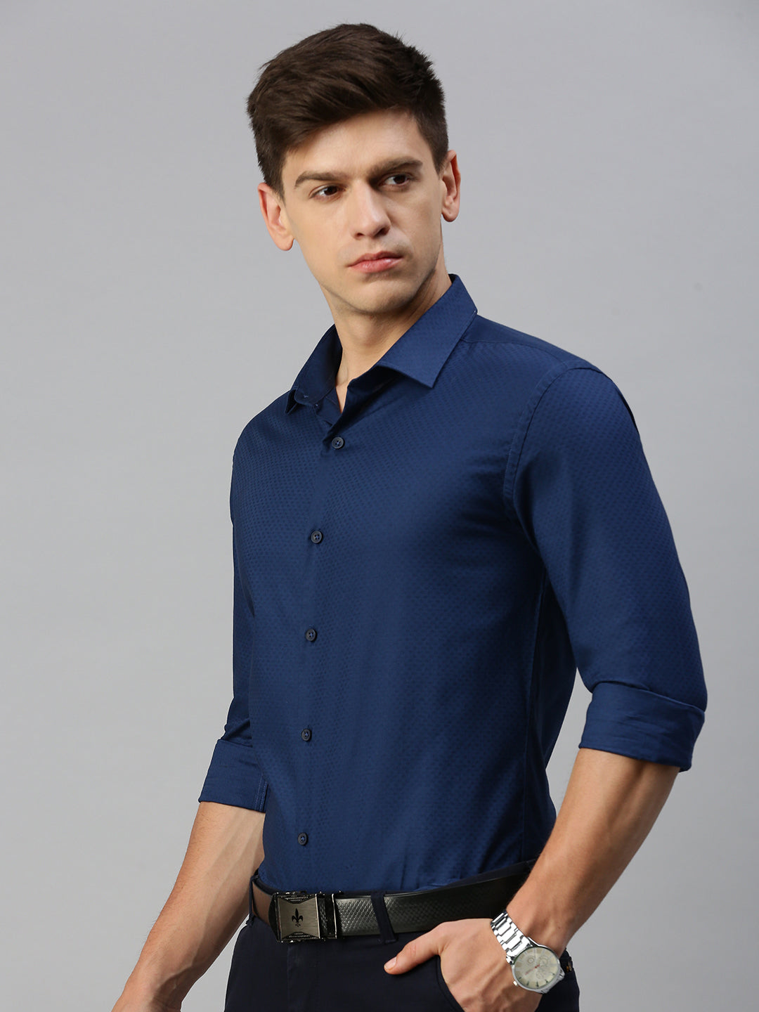 Men Navy Solid Formal Shirt