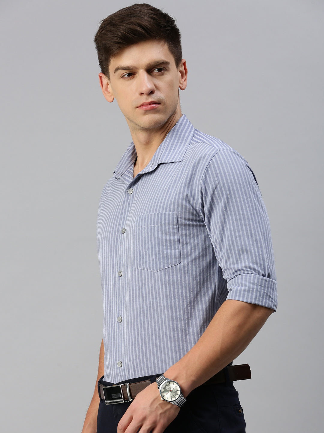 Men Grey Striped Formal Shirt