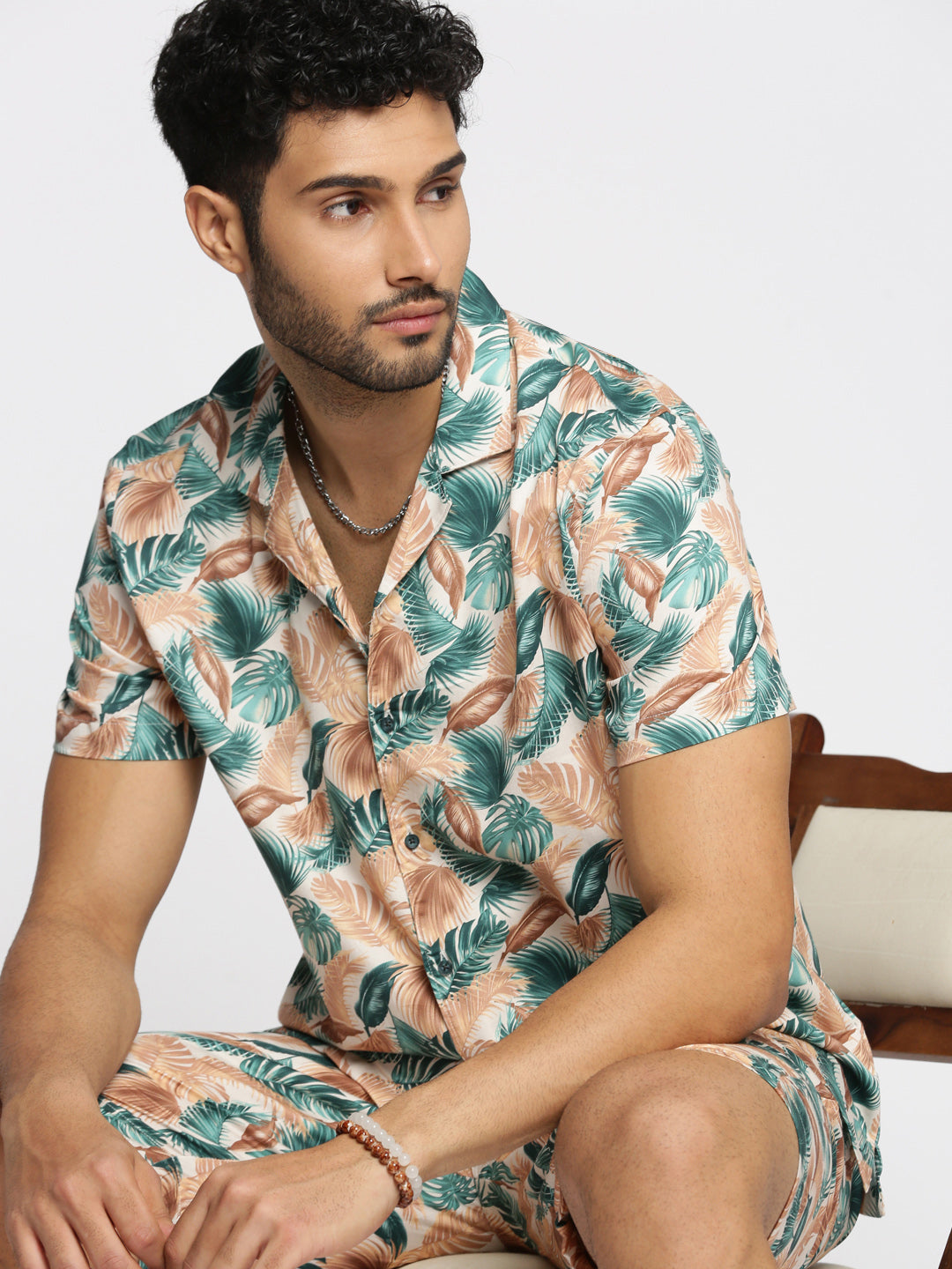 Men Green Cuban Collar Printed Over Sized Co-ords Set