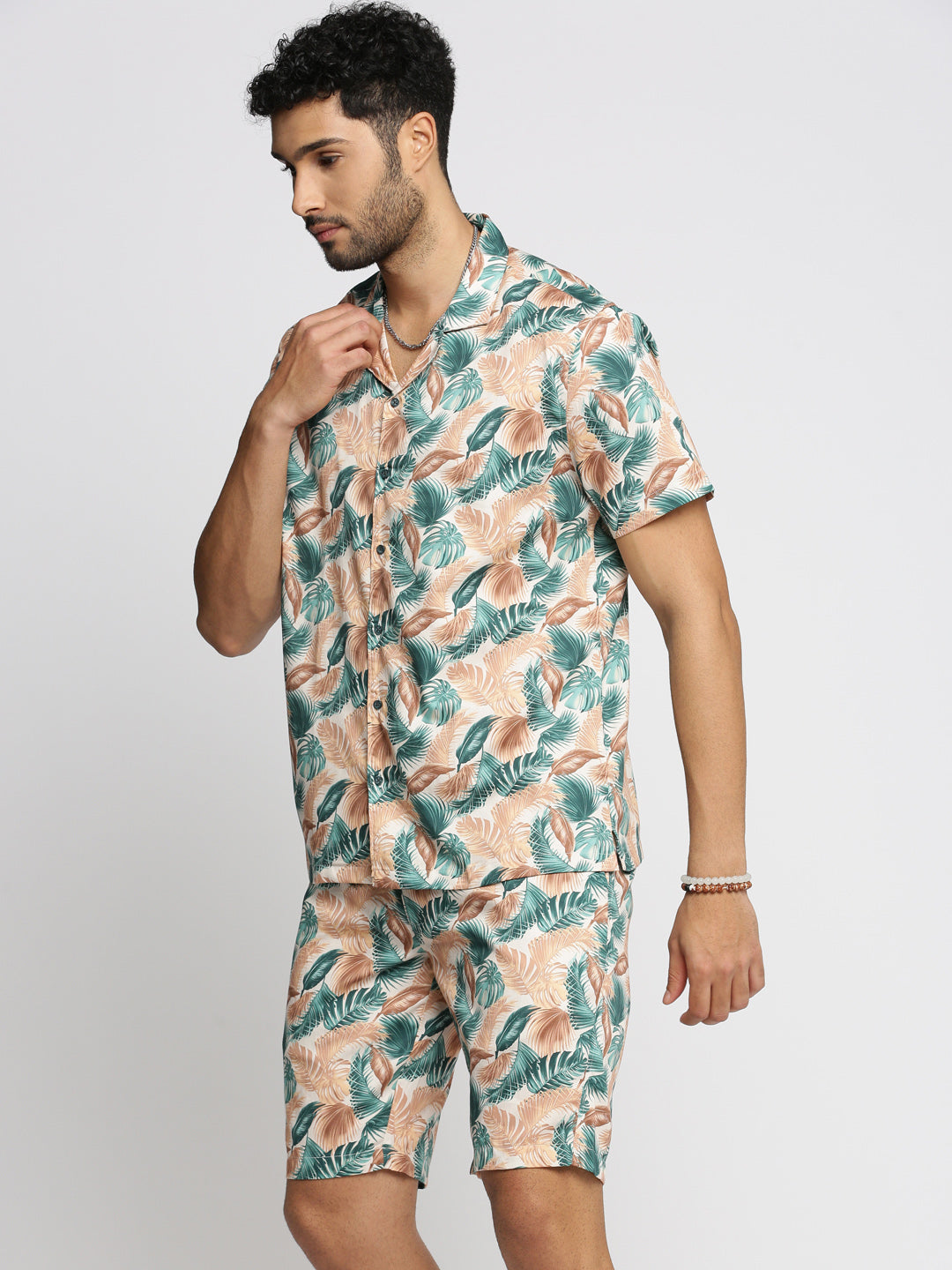 Men Green Cuban Collar Printed Over Sized Co-ords Set