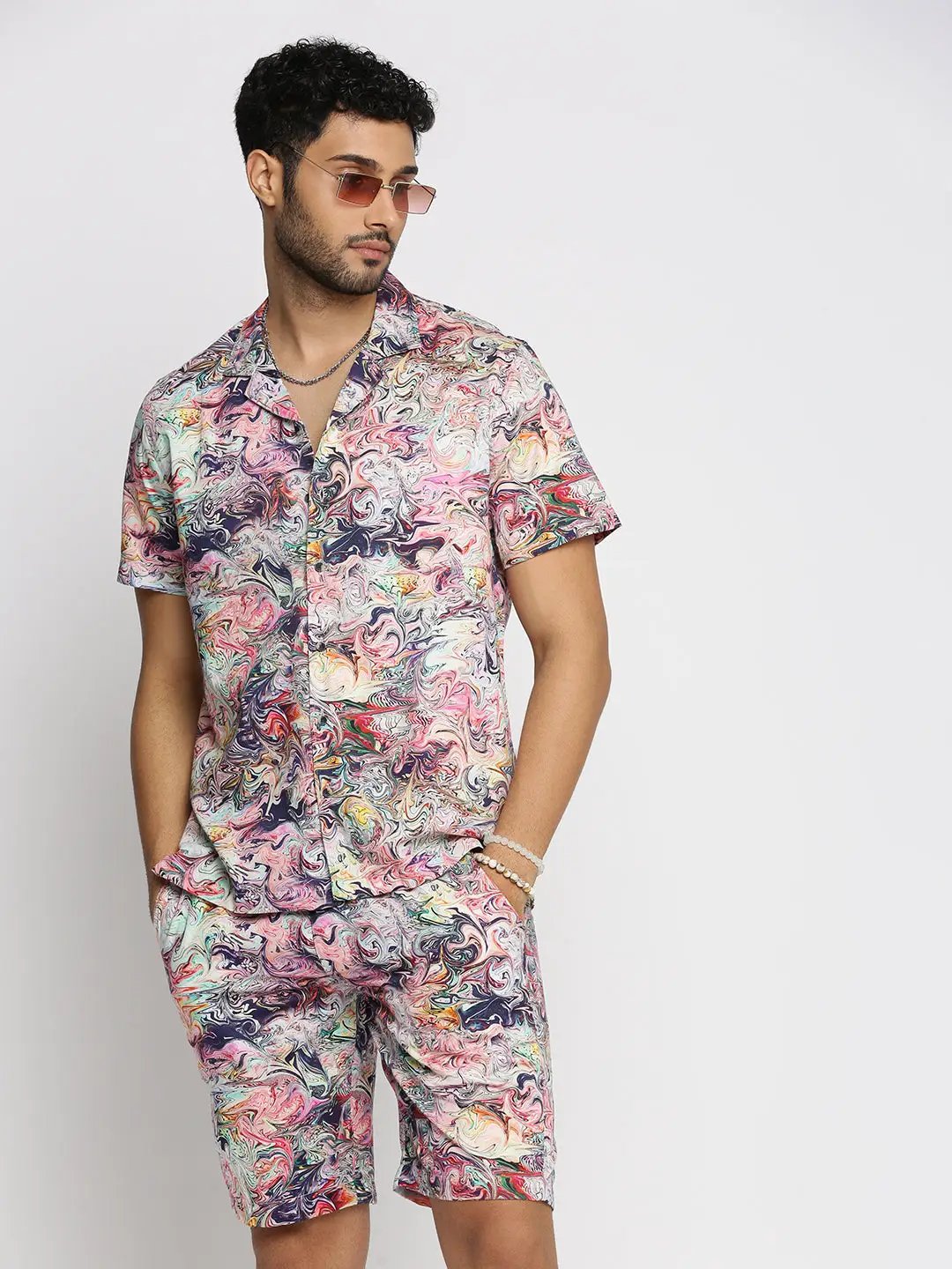 Men's Multi Cuban Collar Printed Over Sized Co-ords Set