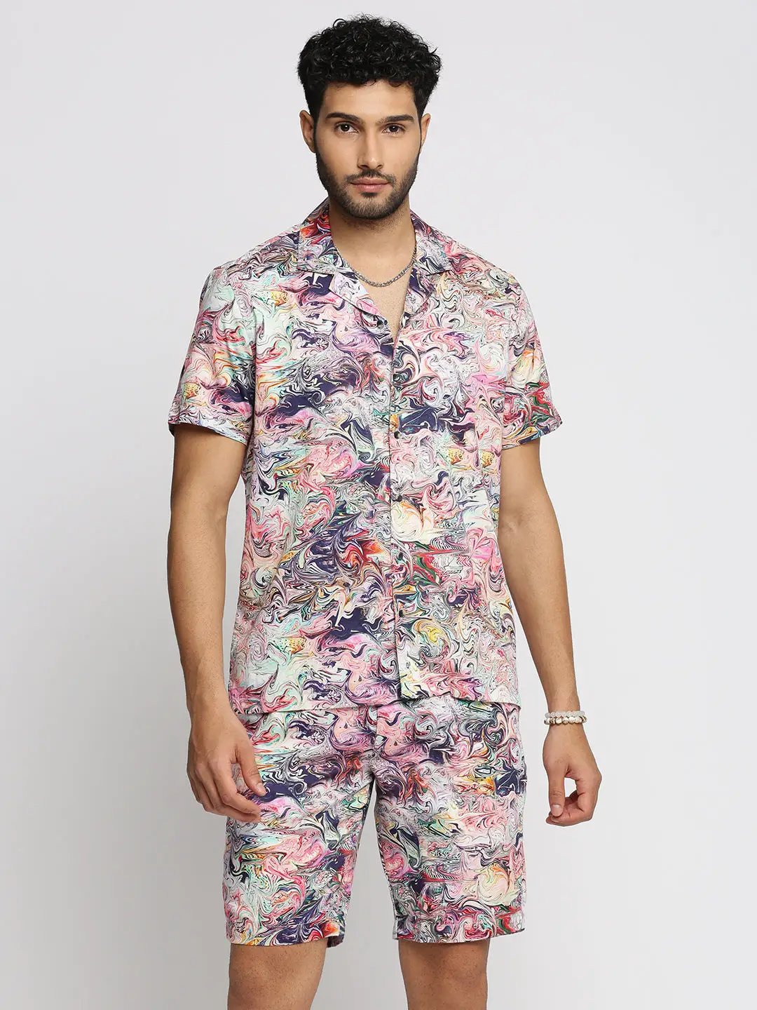 Men's Multi Cuban Collar Printed Over Sized Co-ords Set