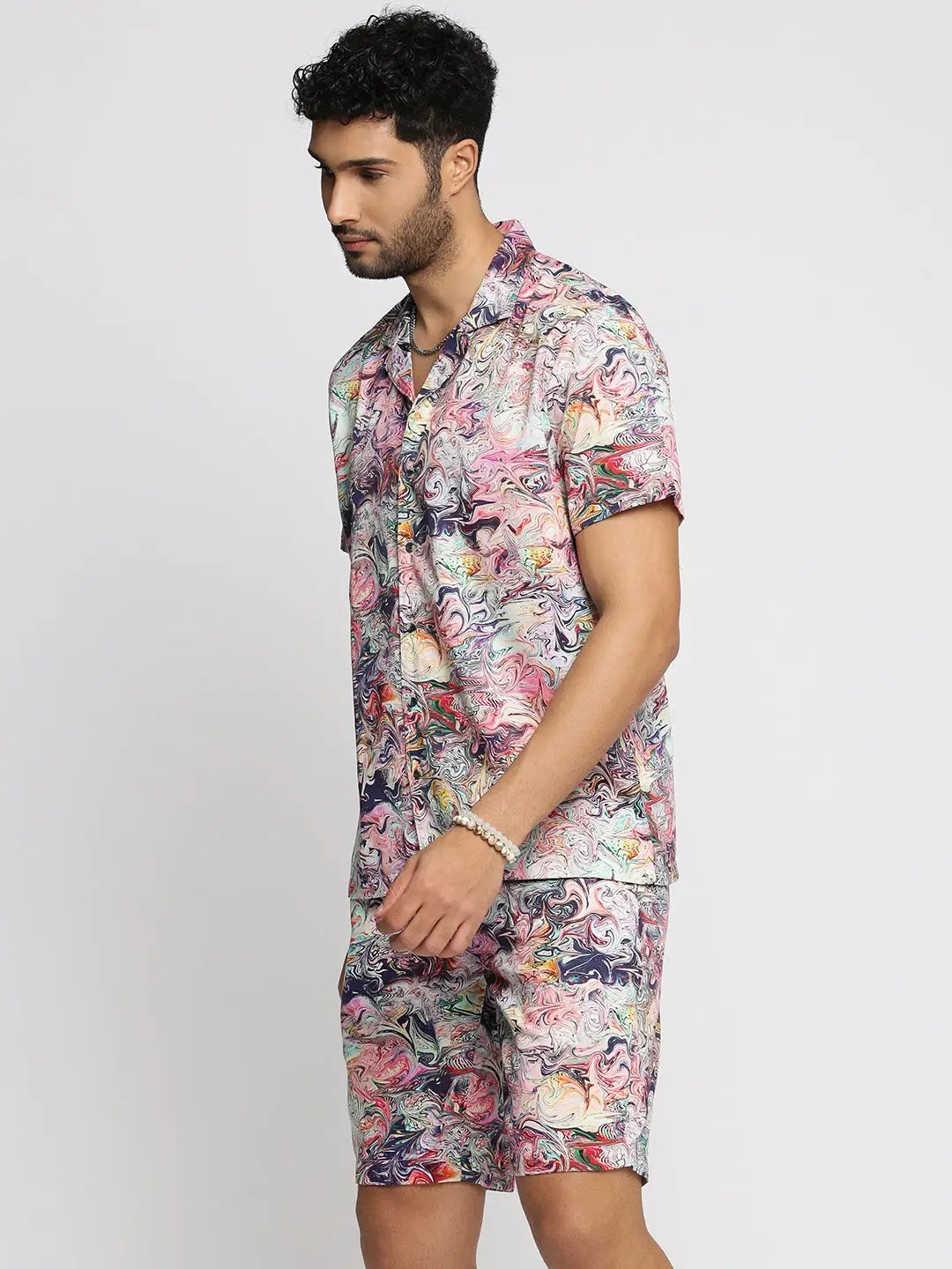 Men's Multi Cuban Collar Printed Over Sized Co-ords Set