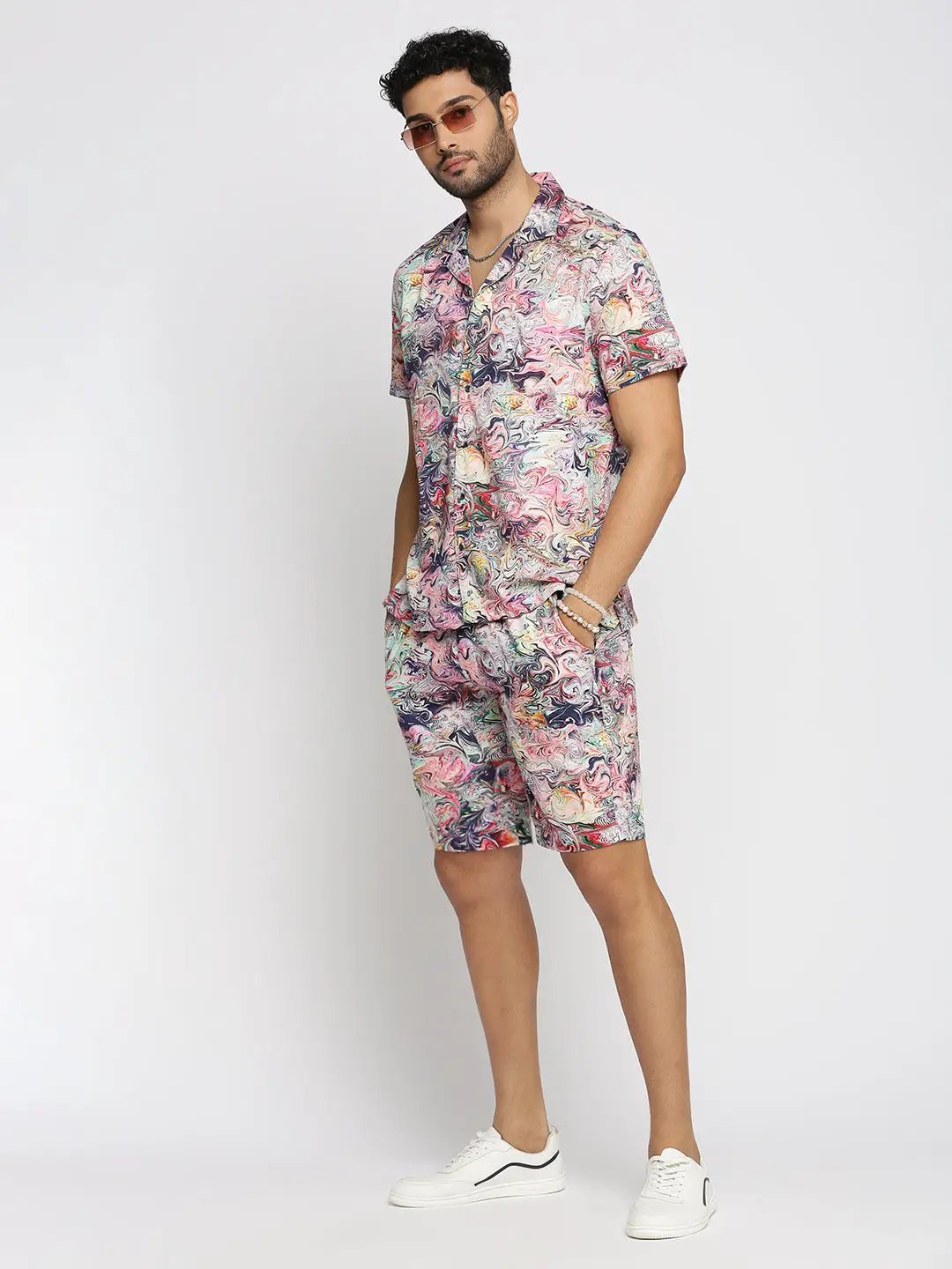 Men's Multi Cuban Collar Printed Over Sized Co-ords Set