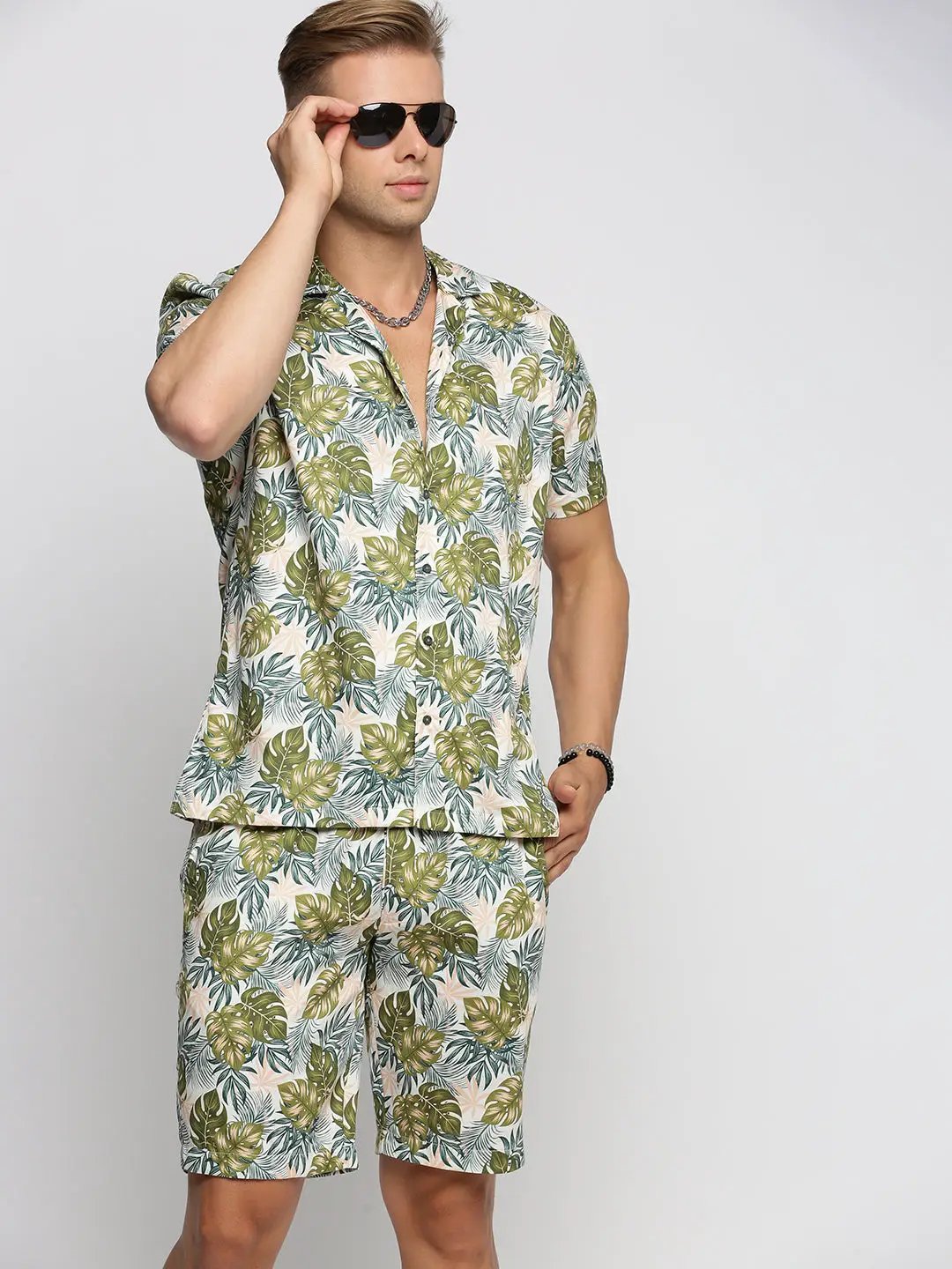 Men's Green Cuban Collar Printed Over Sized Co-ords Set
