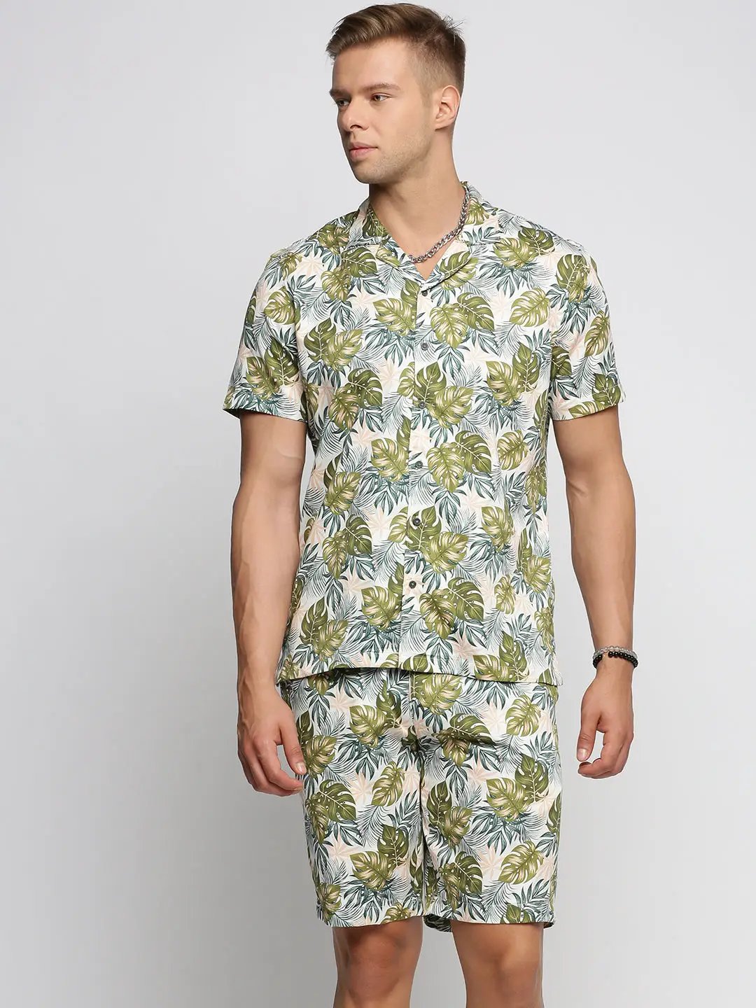 Men's Green Cuban Collar Printed Over Sized Co-ords Set