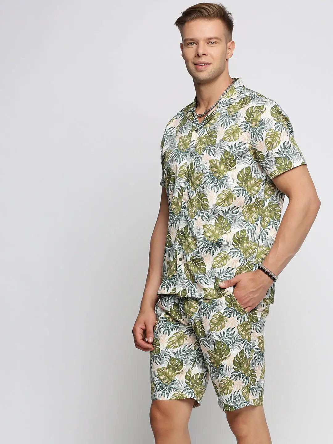 Men's Green Cuban Collar Printed Over Sized Co-ords Set