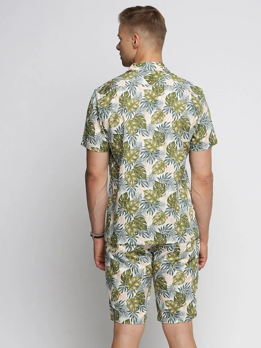 Men's Green Cuban Collar Printed Over Sized Co-ords Set