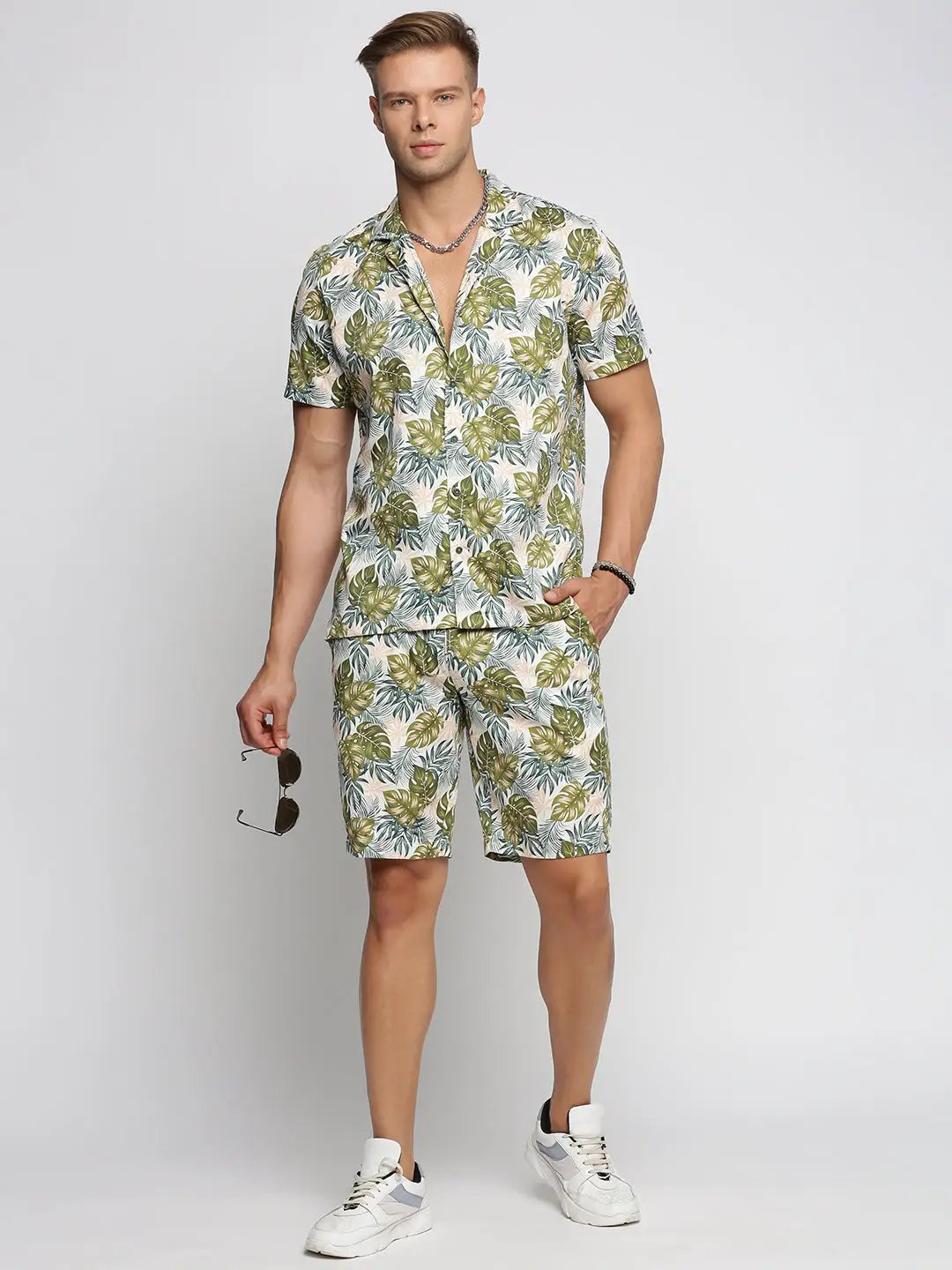 Men's Green Cuban Collar Printed Over Sized Co-ords Set