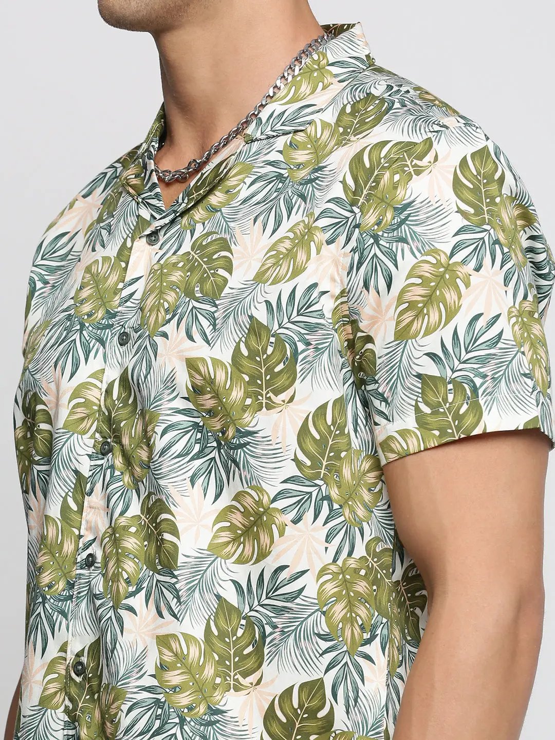Men's Green Cuban Collar Printed Over Sized Co-ords Set