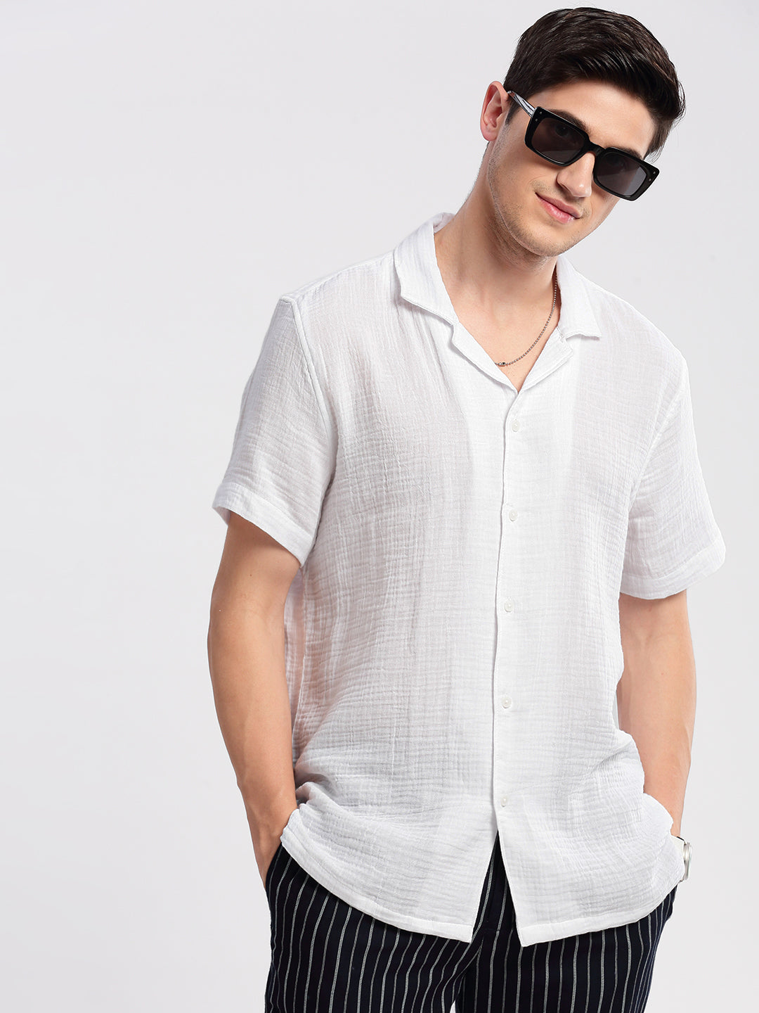 Men Cuban Collar Solid White Casual Shirt