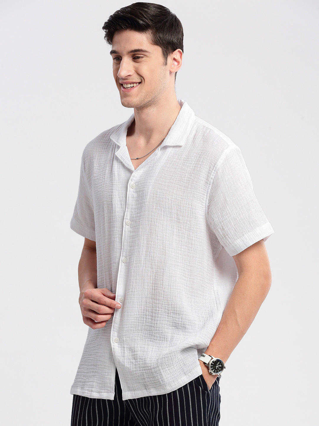 Men Cuban Collar Solid White Casual Shirt