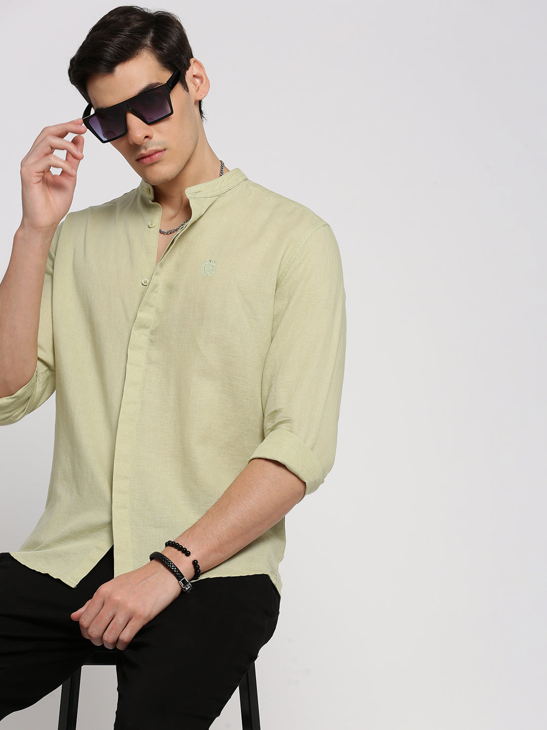 Men Sea Green Mandarin Collar Solid Shirt