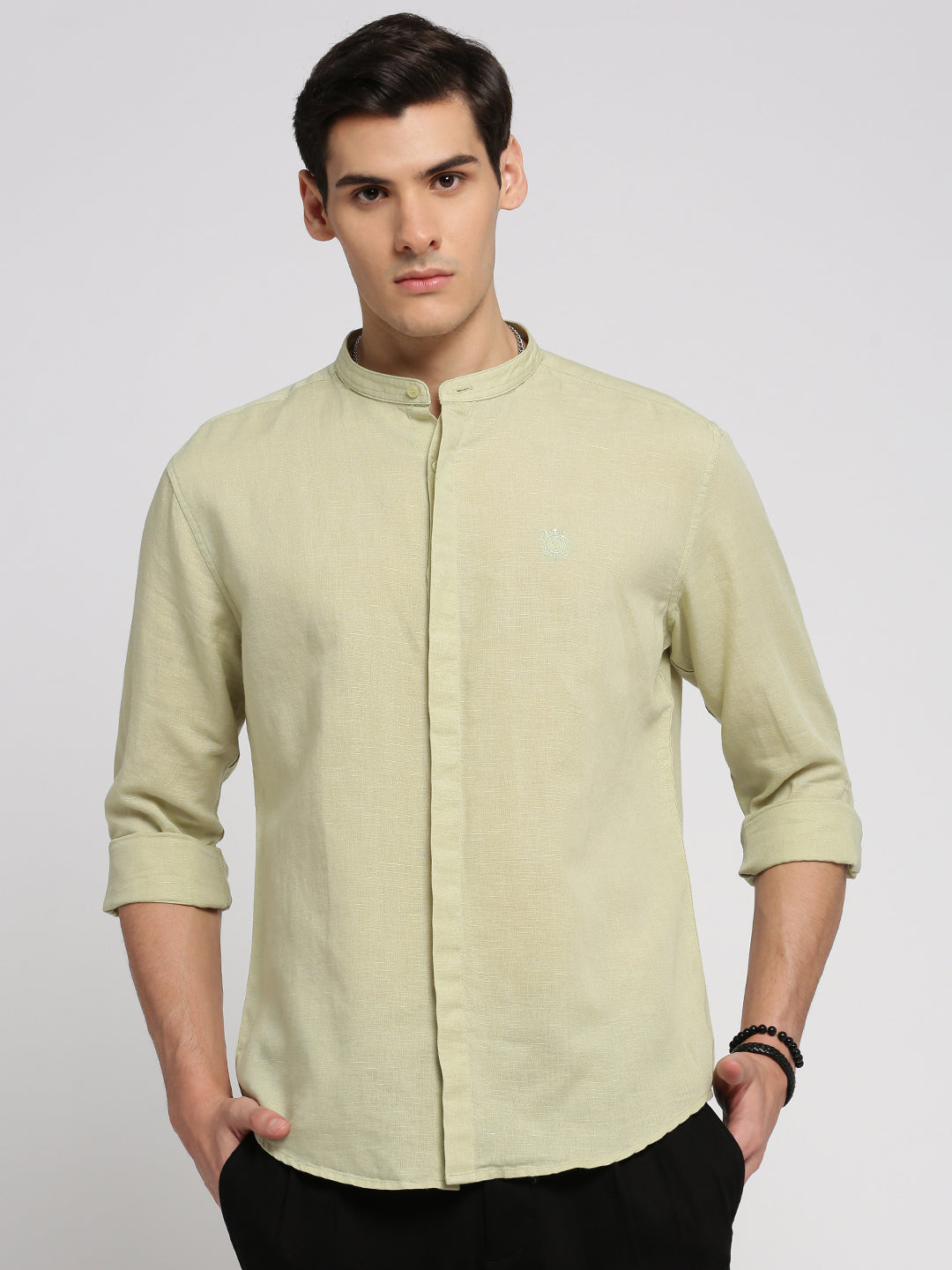 Men Sea Green Mandarin Collar Solid Shirt