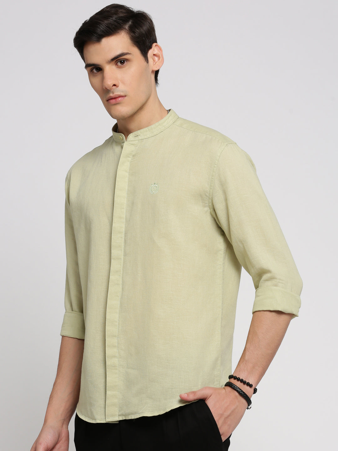 Men Sea Green Mandarin Collar Solid Shirt