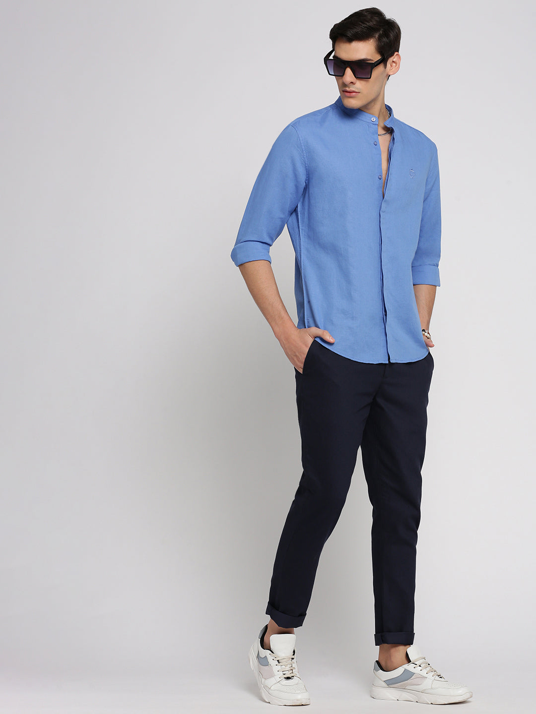 Men Blue Mandarin Collar Solid Shirt