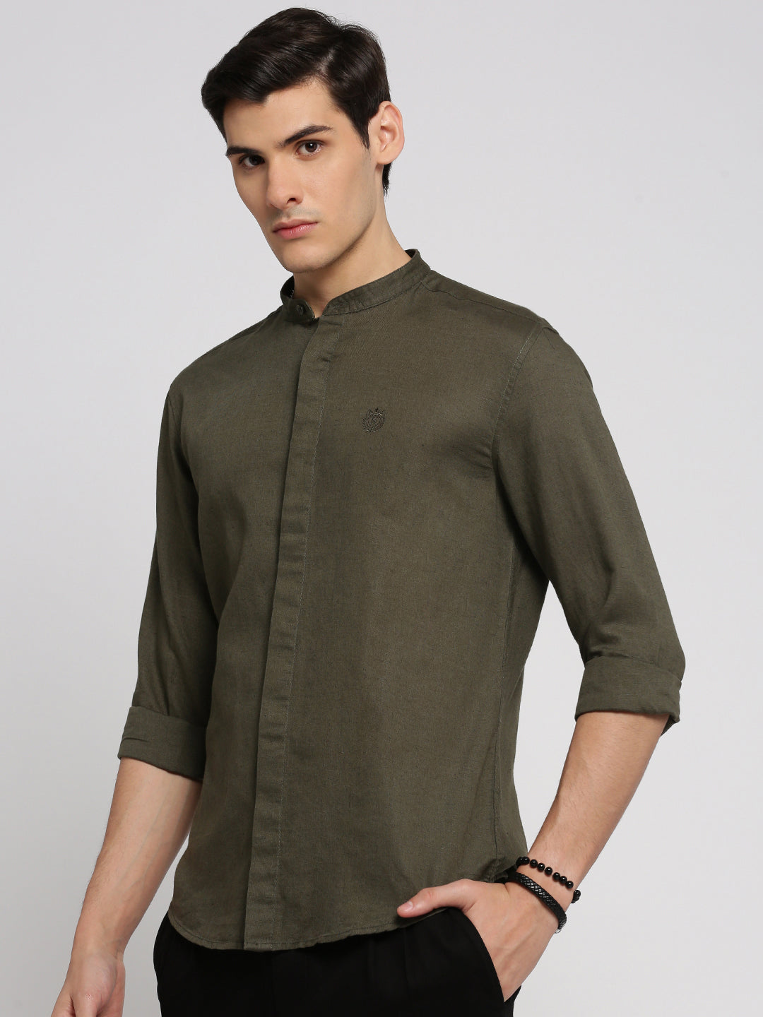 Men Olive Mandarin Collar Solid Shirt