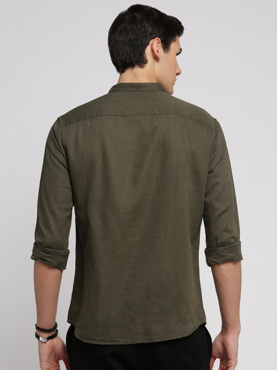 Men Olive Mandarin Collar Solid Shirt