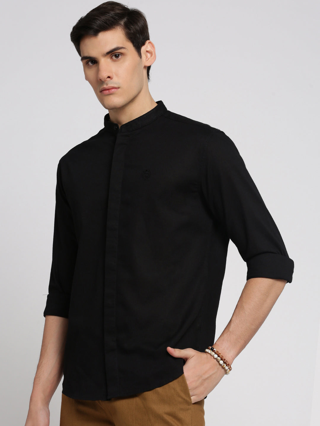 Men Black Mandarin Collar Solid Shirt