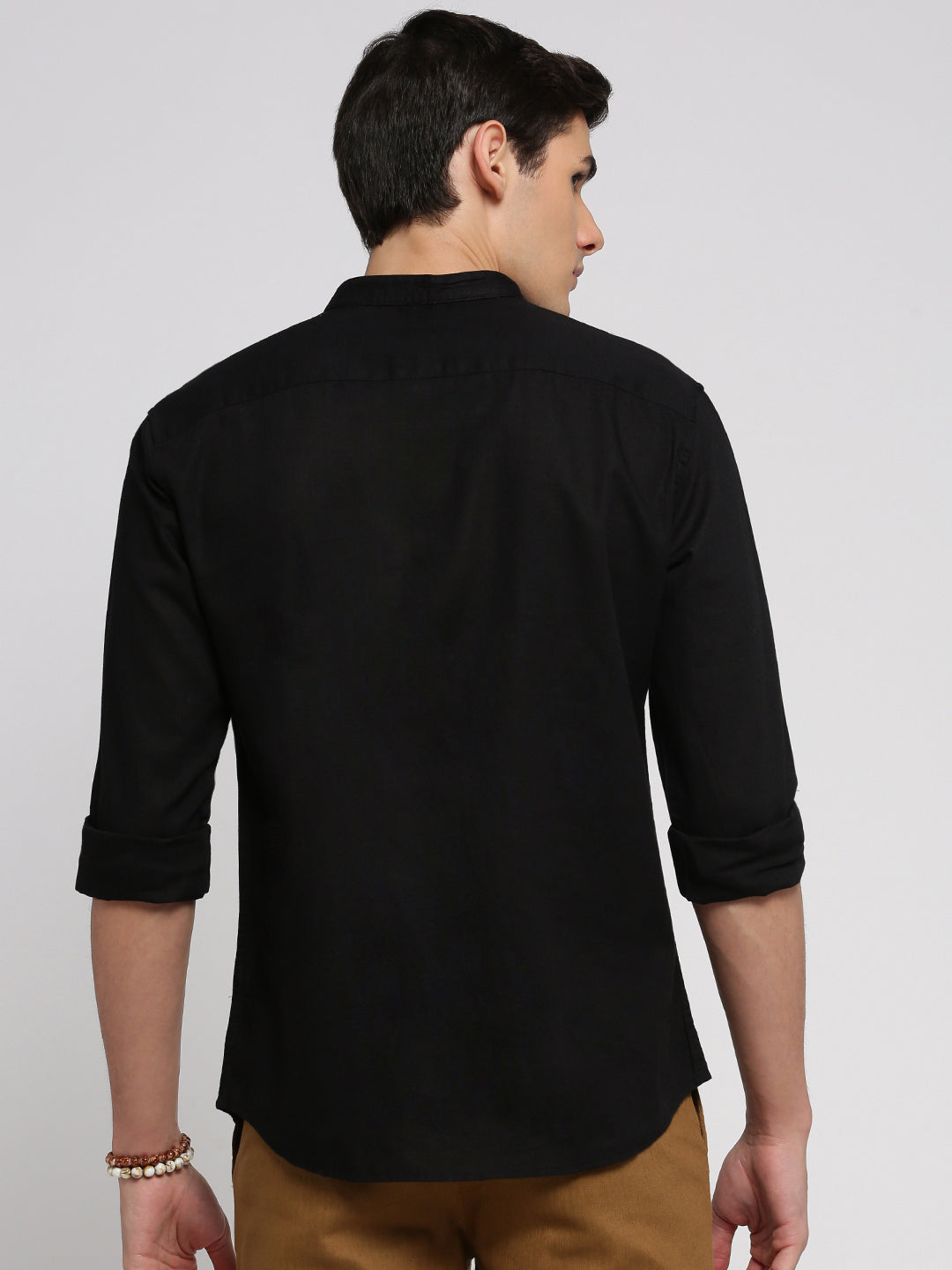 Men Black Mandarin Collar Solid Shirt