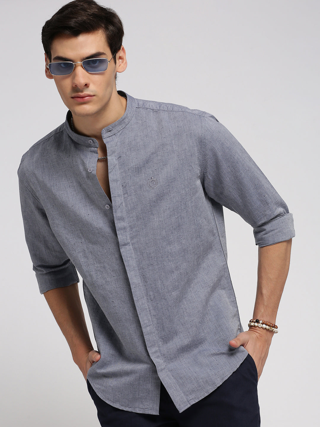 Men Grey Mandarin Collar Solid Shirt