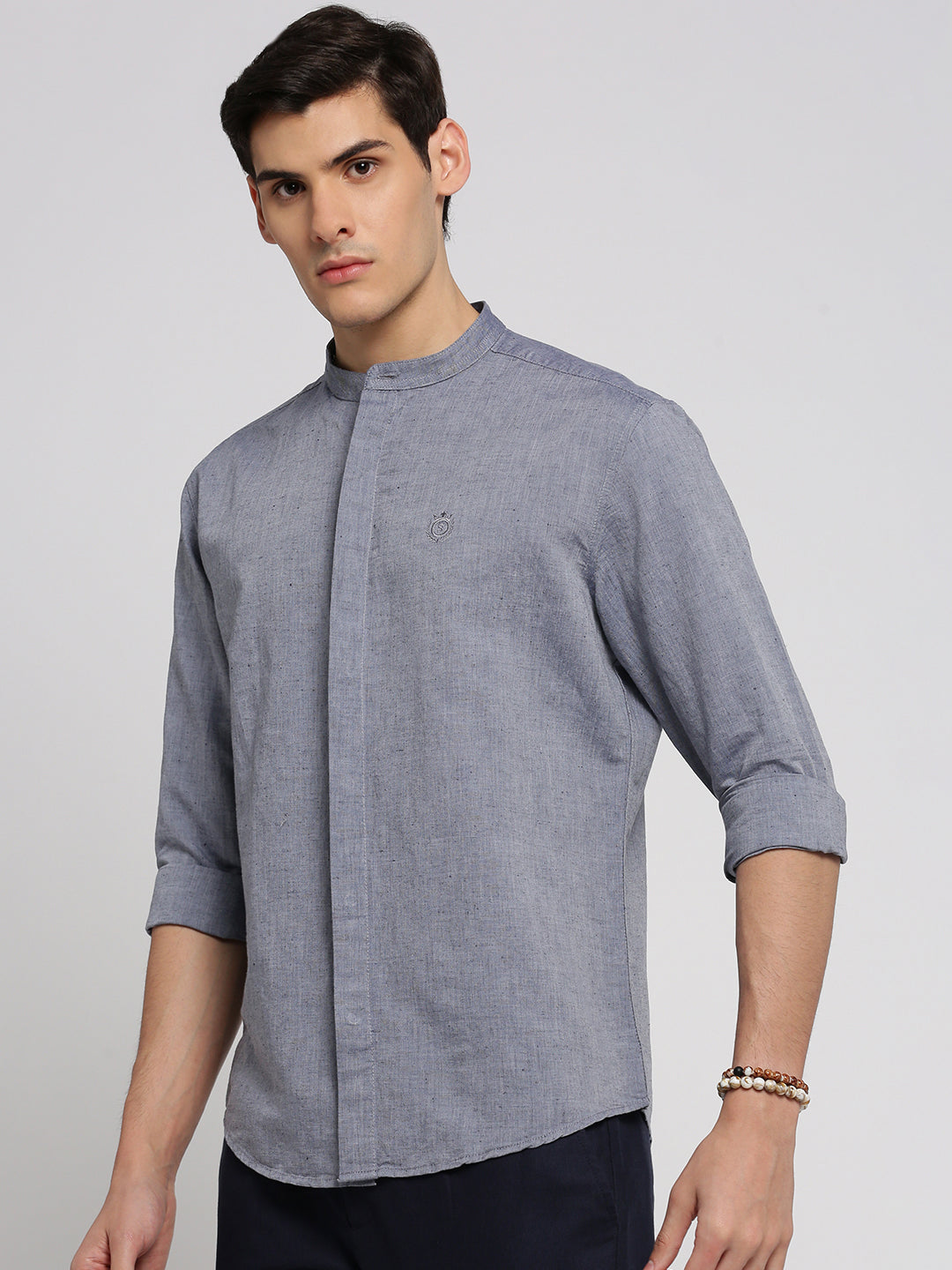 Men Grey Mandarin Collar Solid Shirt