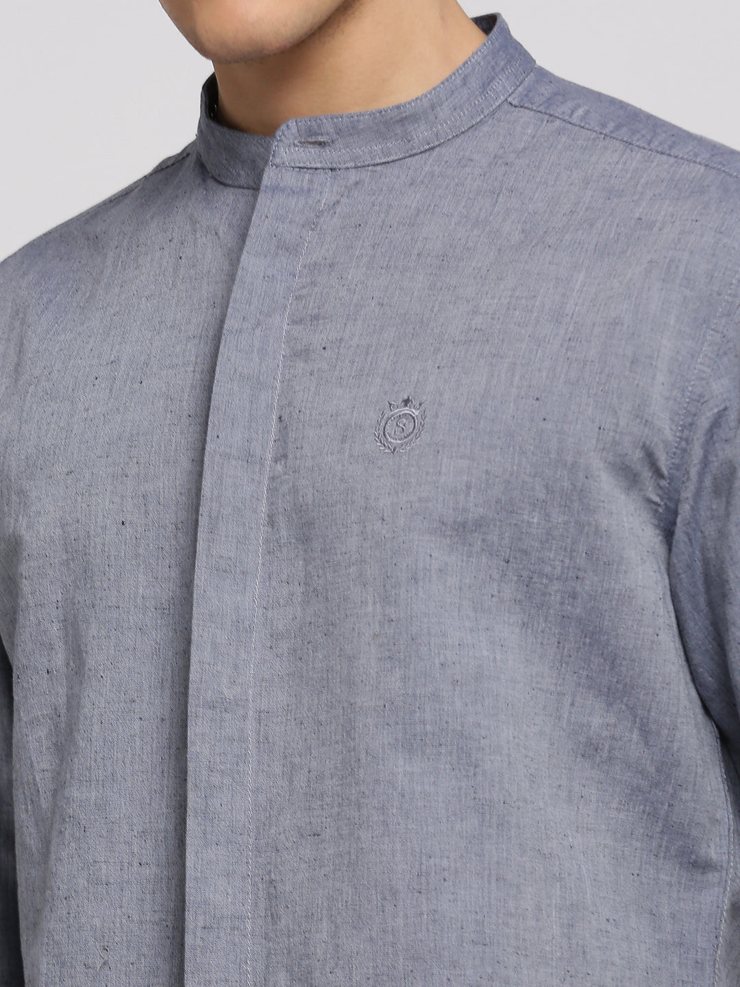 Men Grey Mandarin Collar Solid Shirt